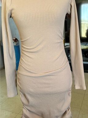 Hollister Long-Sleeve Ribbed Bodycon Dress in Beige